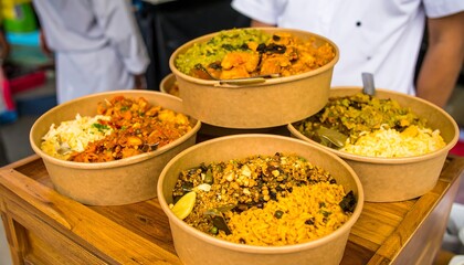 Assorted food containers on a wooden table