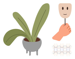 Potted plant with green leaves, hand holding a smiling mask on a stick, abstract circuit board. Ideal for technology, nature, emotions, identity, duality sustainability design. Simple flat metaphor