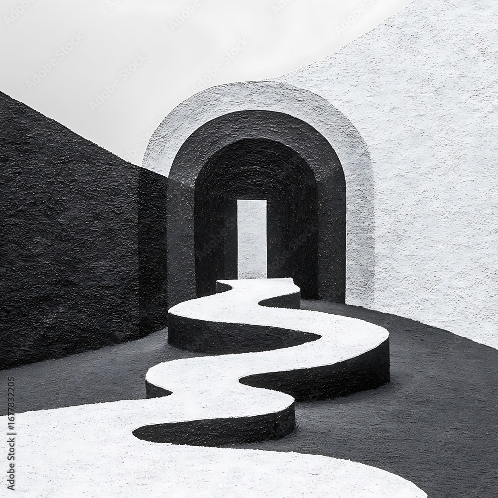 Poster a monochrome pathway leads through a tunnel, showcasing architectural design and perspective with co