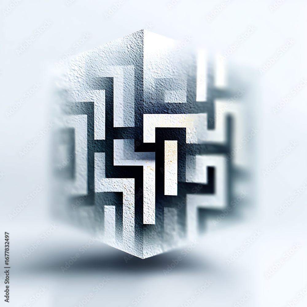 Poster a captivating cube adorned with a mazelike pattern, isolated on white background, showcasing a geome