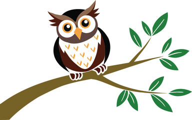 A cute cartoon owl perched on a tree branch with green leaves 