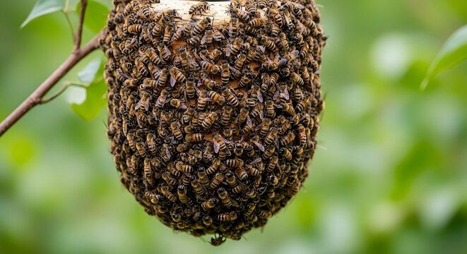 Swarm of Honeybees Hanging from a Branch.