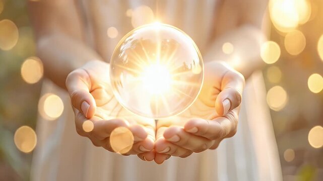 Woman's Hands Holding Glowing Crystal Ball in Soft Golden Light