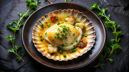 A top view of delicious Coquille Saint-Jacques, in a dark plate