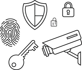 Set of security and protection icons. A collection of black and white line art vector illustrations representing various safety, privacy, and cybersecurity concepts.