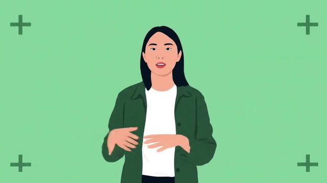 Animated Businesswoman Explaining and Presenting on Green Background.