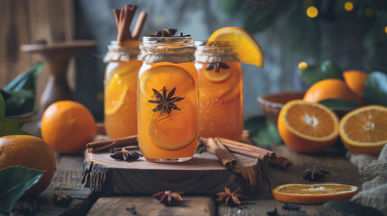 Obraz premium Cozy autumn harvest drinks with oranges cinnamon and star anise in jars