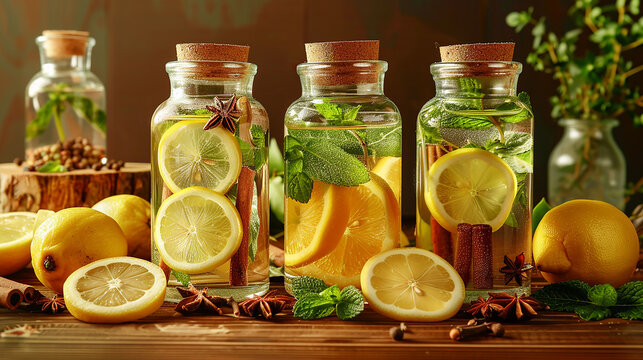 Refreshing infused water with lemon orange and herbs in glass bottles