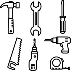 A set of home improvement and construction tools in a clean, minimalist line art style. Features a hammer, wrench, saw, and drill, perfect for DIY and hardware store designs.