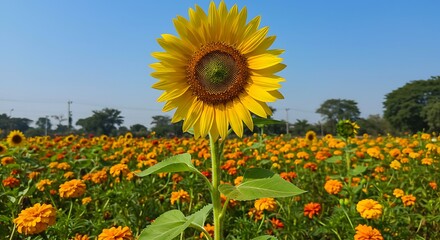Vibrant sunflower stands tall amidst a colorful field of orange flowers under sunny sky