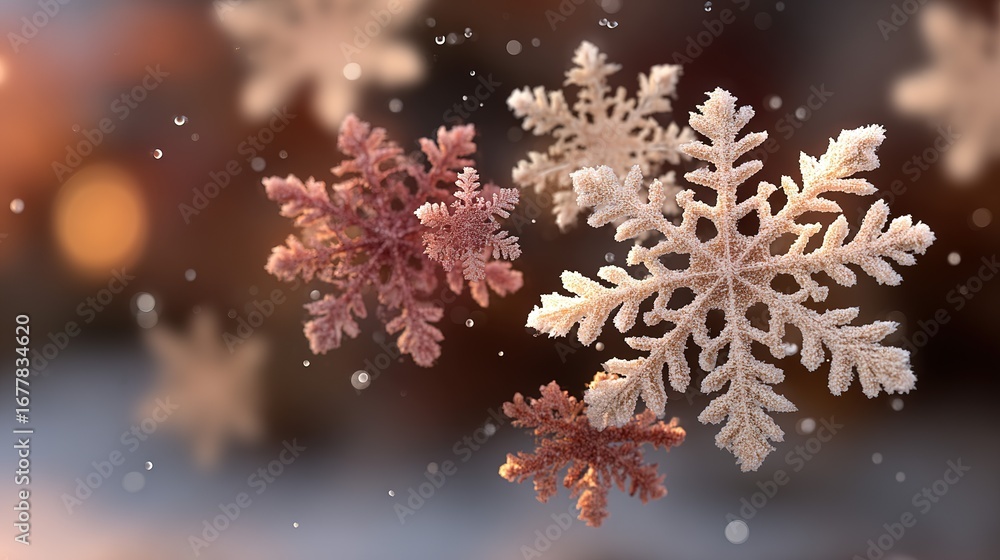 Poster several snowflakes in focus against a blurred background with light bokeh.