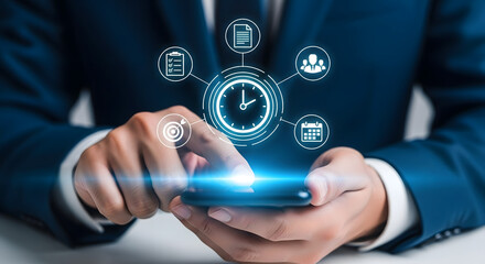 Business professional interacting with futuristic digital interface on smartphone