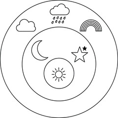 Weather and cosmic line art icons in a clean, minimalist style. Includes symbols for the sun, moon, stars, clouds, and a rainbow. Ideal for climate and nature-themed infographics.