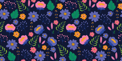 Vibrant Seamless Floral Pattern with Pink, Purple Flowers, Leaves and Green Branches. Vibrant botanical background for textiles, cards, wallpapers, and packaging.