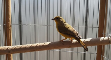 Yellow bird resting on a wooden perch in a cage.