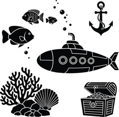 Underwater adventure silhouette icon set, featuring a submarine, anchor, treasure chest, fish, and coral reef, vector marine life and deep sea exploration graphic collection.