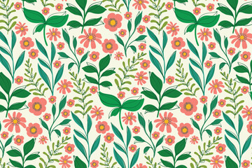 Cottage Core Seamless Floral Pattern with Small Doodle Flowers, Leaves and Branches on White Background. Vibrant botanical backdrop for textiles, cards, wallpapers, and packaging.