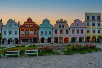 Sunrise view of colourful houses at historical square in Telc, C