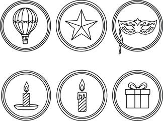A comprehensive set of celebration and special event icons. This collection of vector line art illustrations includes a hot air balloon, a star, a mask, candles, and a gift box.