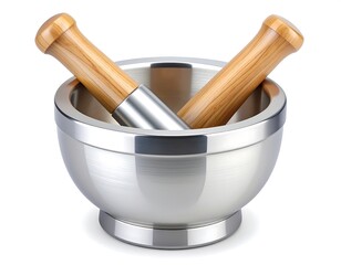 Metal mortar and pestle on white background.  A kitchen tool