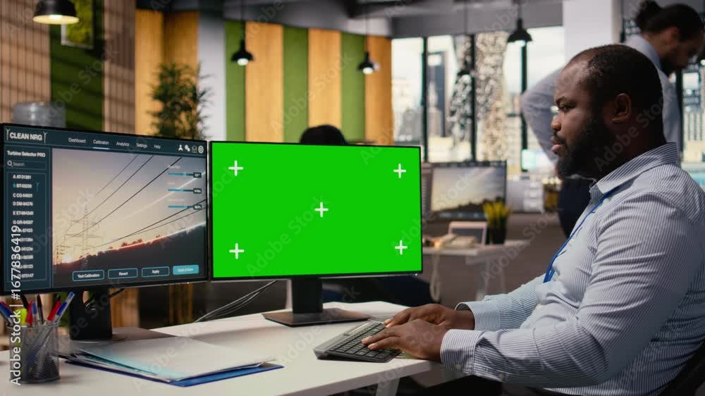 Poster engineer works on power line tower cad design on isolated screen pc in office. rd department expert 
