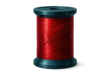 Red sewing thread spooling, transparent backdrop highlighting textile crafting, embroidery, and tailoring essentials