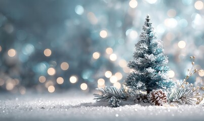 Snowy miniature Christmas tree with blue bokeh lights
