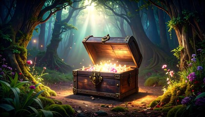 Open treasure chest in magical forest