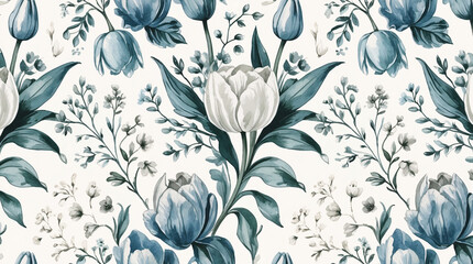 Fototapeta premium soft muted tulip pattern with ivory background and hand drawn green leaves vintage floral layout for wrapping cards or spring paper goods floral botanical illustration design wallpaper background