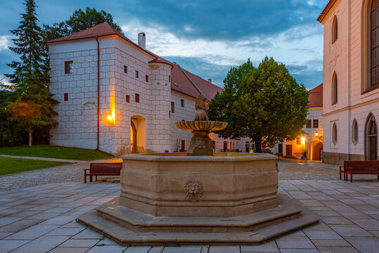 Sunset view of Saint Prokop basilica in Trebic in Czech republic