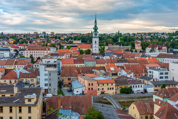 Fototapeta premium Sunset panorama of old town of Trebic in Czech republic