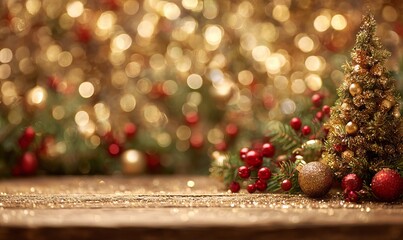 Miniature Christmas tree with ornaments and golden bokeh background