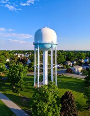 Aerial view of a water tower in a town