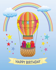 Vector Festive Balloon Illustration with Rainbow and Party Decorations. Colorful hot air balloon carrying birthday presents with rainbow, clouds, stars, and confetti in a festive cartoon style illustr