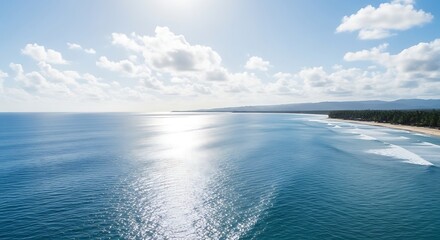 Fototapeta premium Vast Ocean Horizon with Sunlit Waves and Distant Shoreline.