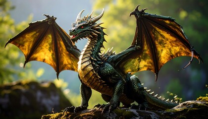 Majestic dragon perched in forest