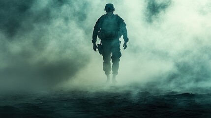 Fototapeta premium Soldier walking through smoky battlefield