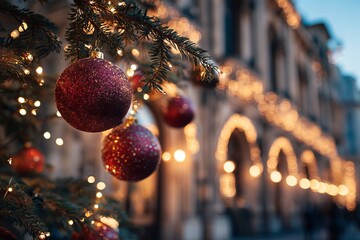 Christmas baubles and lights decorating a festive city street at night