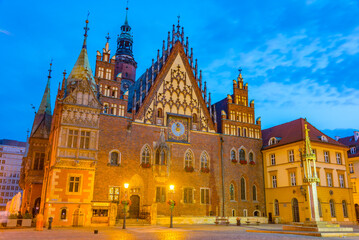 Sunrise view of town hall at Rynek, the picturesque square in ce