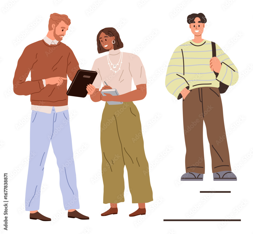 Poster two individuals discussing with notes and a tablet, and another standing with a bag. ideal for teamw