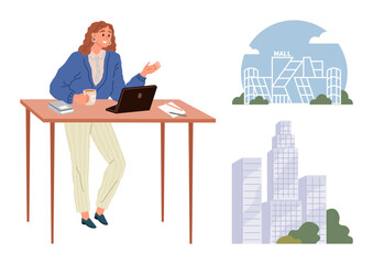 Woman in blazer holding coffee, working with laptop at desk. Nearby visuals of skyscrapers and mall highlight work-life balance, business, modern lifestyle. Ideal for urbanization, professionalism