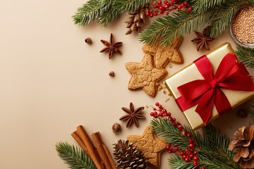 Christmas flat lay with gift box, cookies, pine branches and festive spices / christmas decoration on wooden background