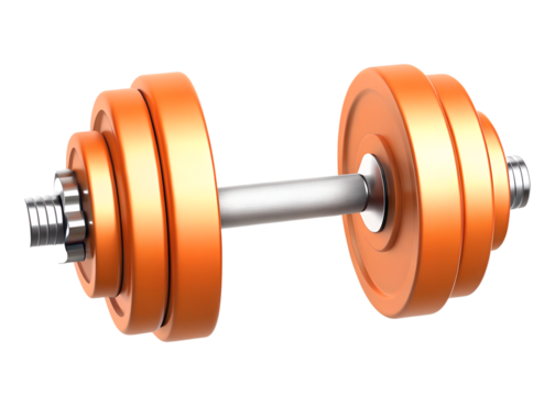 3D dumbbell icon with orange weights and a metallic handle. Great for fitness or health-related digital content. Isolated on transparent background.