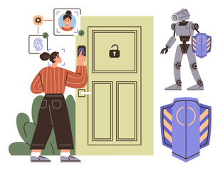 Woman accessing a door with biometrics using facial recognition and fingerprint scan. AI robot and shield representing security. Ideal for technology, AI, cybersecurity, identity, access control