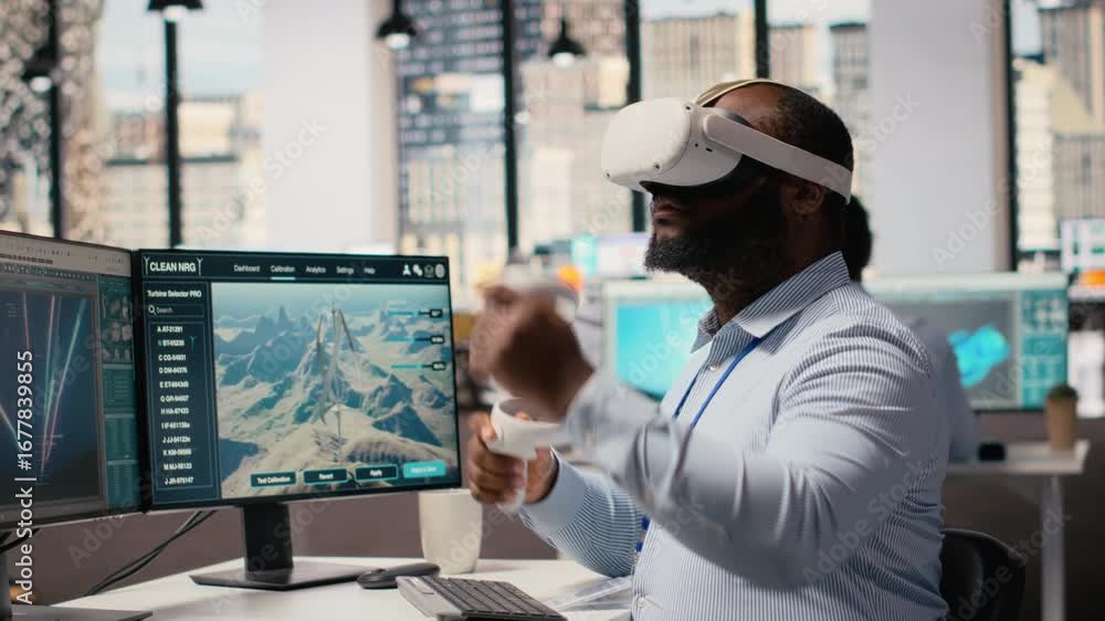 Poster worker uses vr headset to optimize electrical grid and wind farm layout, enhancing clean energy syst