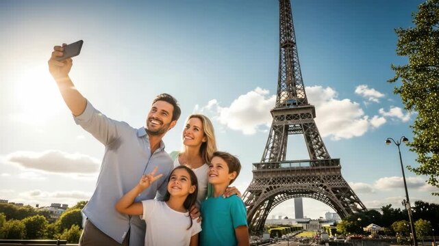 Family takes a selfie in Paris with Eiffel Tower backdrop under sunny sky