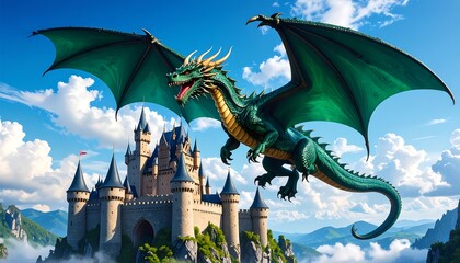 Majestic dragon soars above a grand castle
