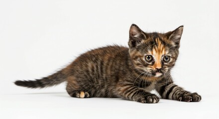 A small, adorable tortoiseshell kitten is lying down, looking directly at the viewer with curiosity.