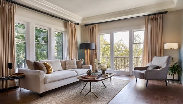 elegant living room design with bay window and curtains