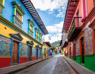 Fototapeta premium colorful bogota street art vibrant facades and cobblestone street in la candelaria colombia with painted murals on buildings